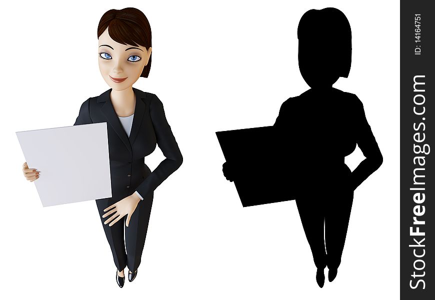 Businesswoman and panel on a white background with alpha mask. Businesswoman and panel on a white background with alpha mask