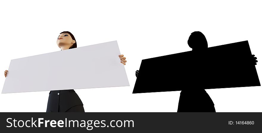 Businesswoman and panel on a white background with alpha mask. Businesswoman and panel on a white background with alpha mask