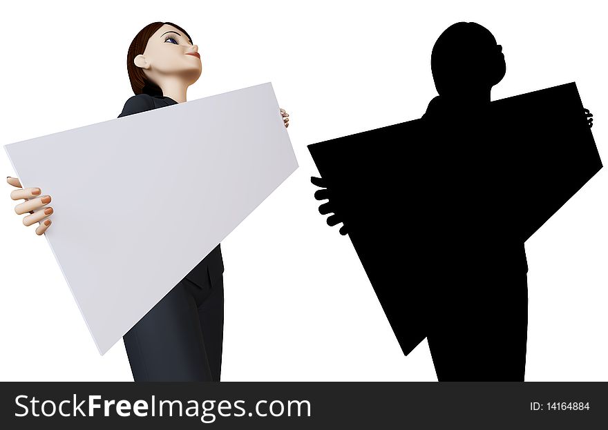 Businesswoman and panel on a white background with alpha mask. Businesswoman and panel on a white background with alpha mask