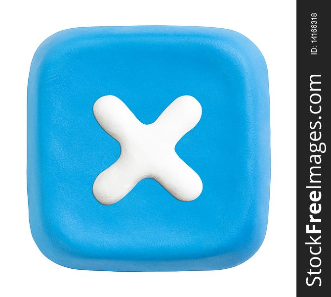 Original close button made of blue and white plasticine. Isolated. Clipping paths separately for button and icon. Original close button made of blue and white plasticine. Isolated. Clipping paths separately for button and icon