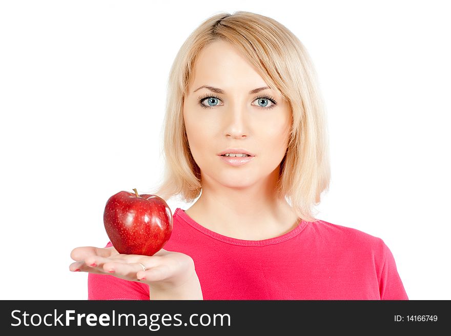 Young slim woman with a red apple isolated on white background. Young slim woman with a red apple isolated on white background
