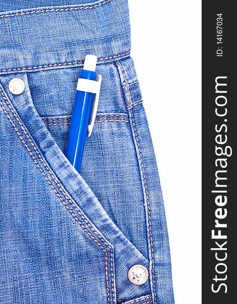 Pen in blue jeans pocket isolated on white. Pen in blue jeans pocket isolated on white