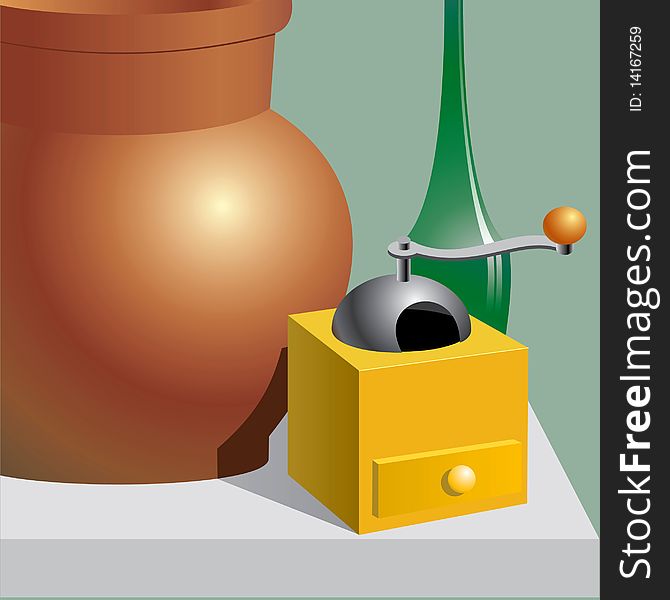 Still life with brown pot, old-fashioned coffee mill and green bottle,. Still life with brown pot, old-fashioned coffee mill and green bottle,