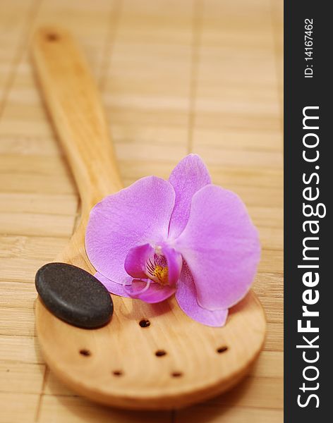 Wooden spoon with the stone and the flower of the orchid. Wooden spoon with the stone and the flower of the orchid