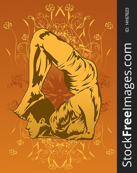 An image of a man contorting his body while doing a yoga exercise. An image of a man contorting his body while doing a yoga exercise