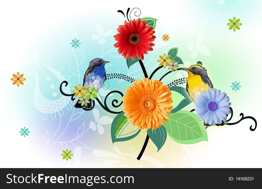 Flower Design With Birds
