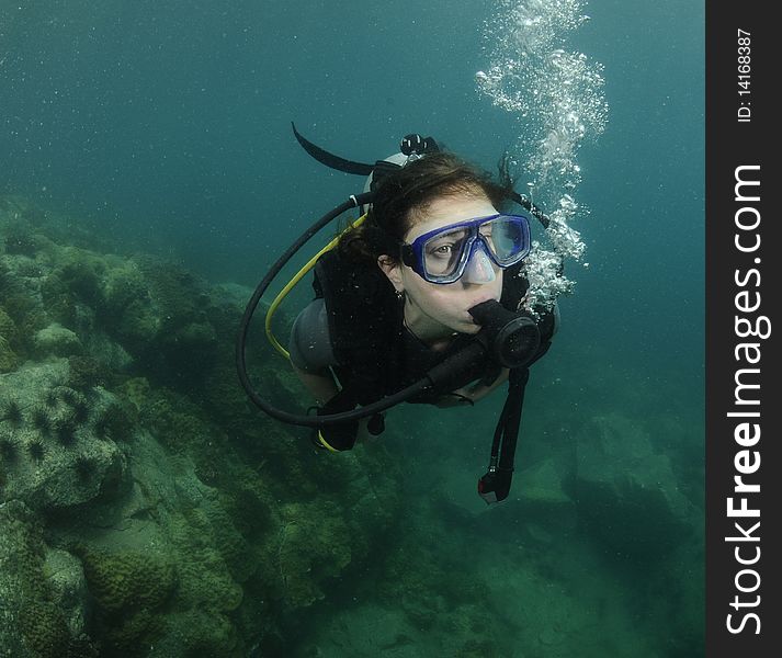 Woman swimming underwater in scuba gear. Woman swimming underwater in scuba gear