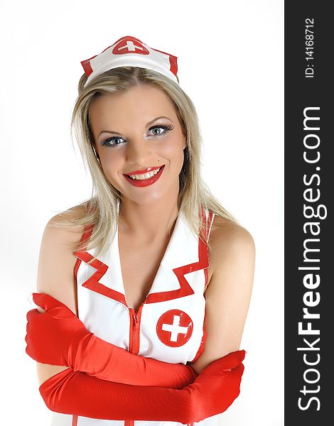 Young beautiful doctor in uniform . white background. Young beautiful doctor in uniform . white background