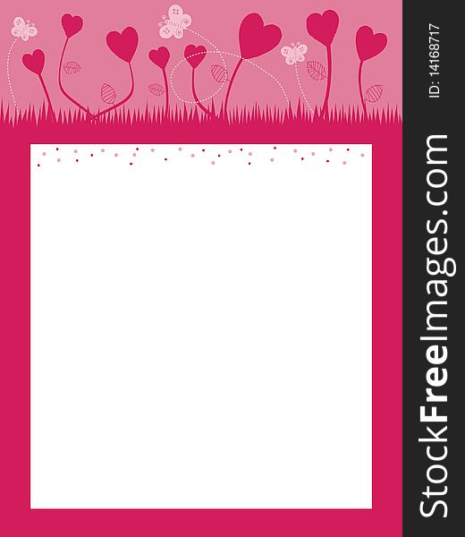 Pink landscape background with heart foliage and butterflies ready for text. Pink landscape background with heart foliage and butterflies ready for text