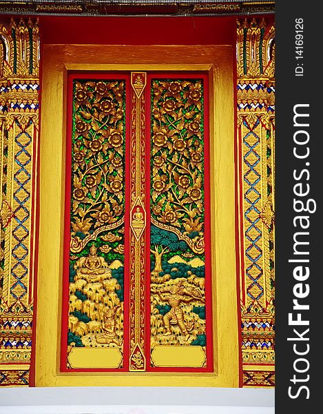 Gold Carve Door Temple Thailand