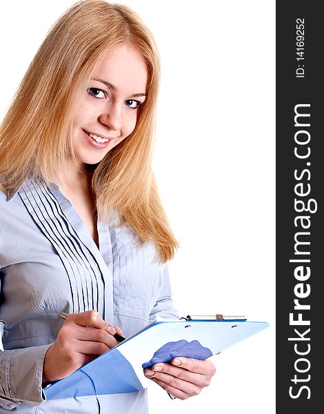 Business woman in a suit with clipboard on a white background