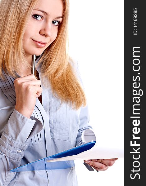 Business woman in a suit with clipboard on a white background