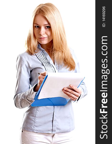 Business woman in a suit with clipboard on a white background