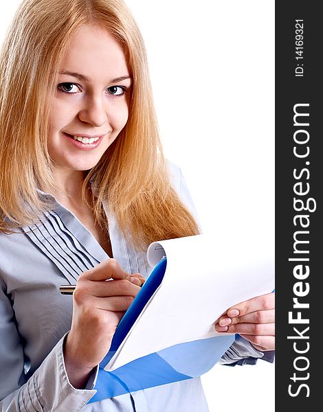 Business woman in a suit with clipboard on a white background