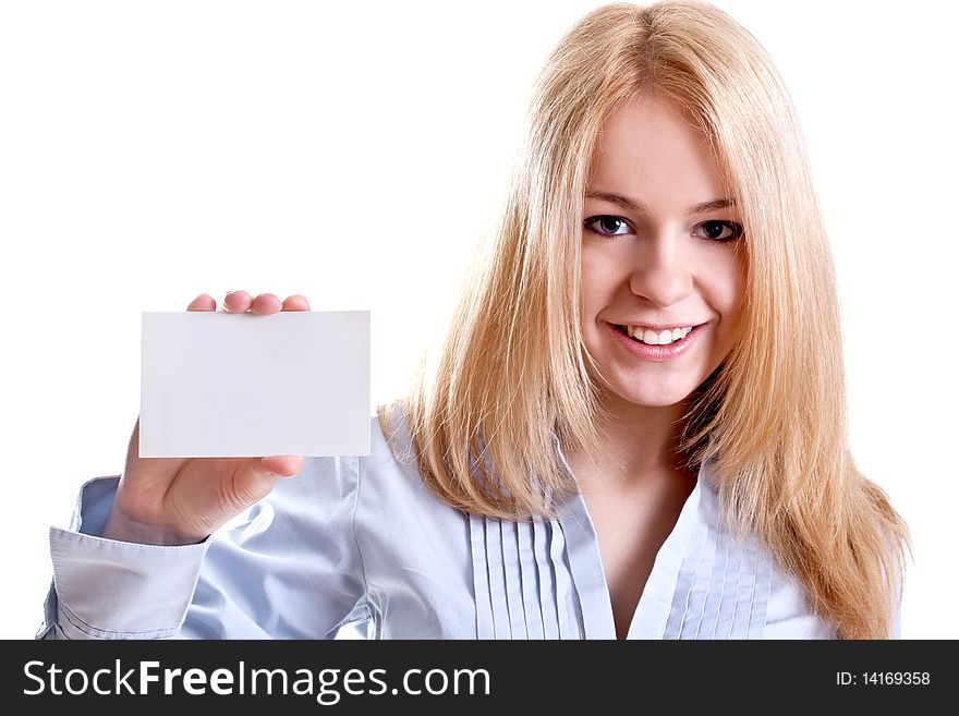 Young business woman with business card on a white background