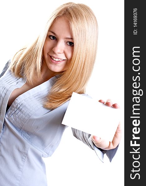 Young business woman with business card on a white background