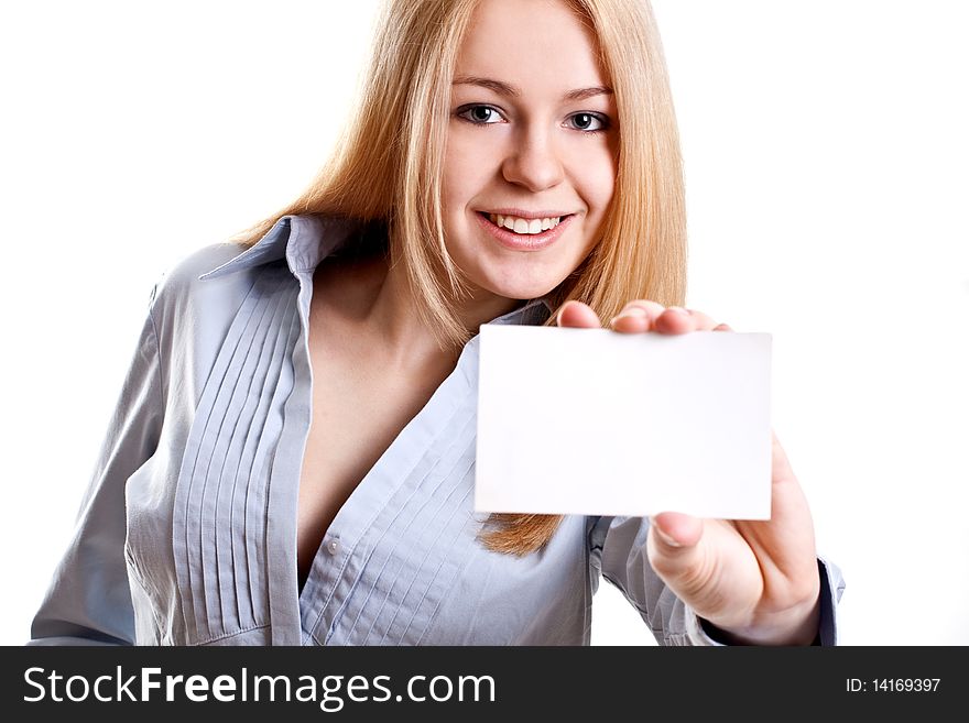 Young business woman with business card on a white background