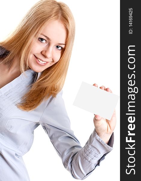 Young business woman with business card on a white background