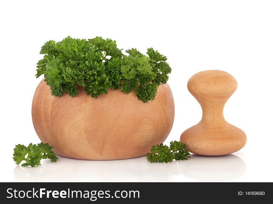 Parsley herb leaves in a beech wood mortar with pestle and leaf sprigs isolated over white background with reflection.