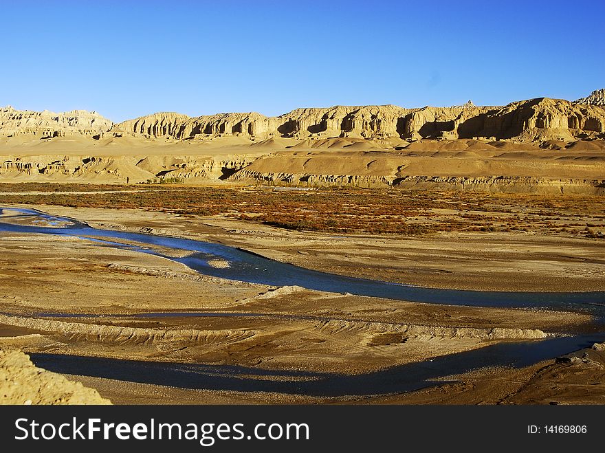 River cut through ground,with clay mountain background. shoot at tibet,China.