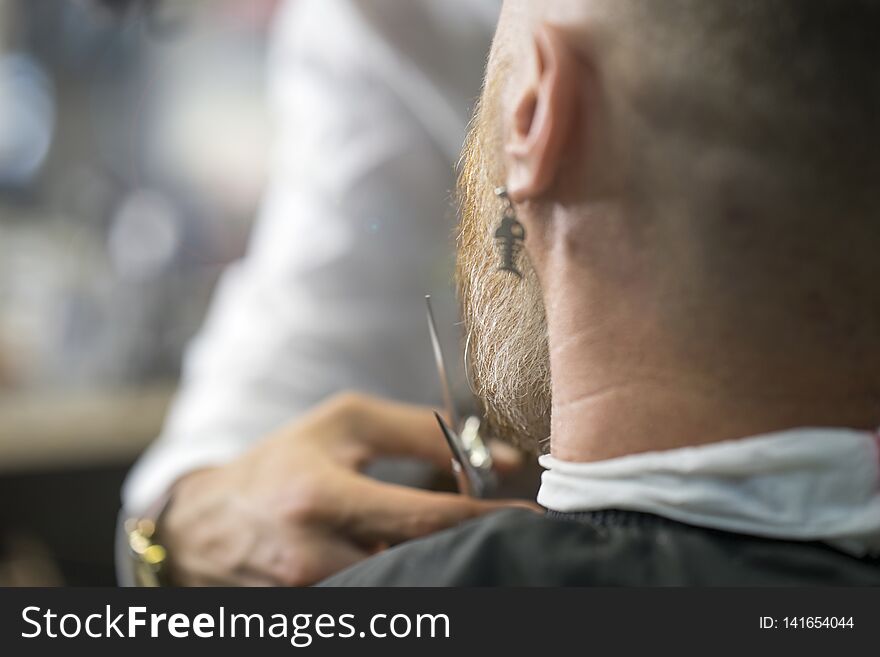 Caucasian man with unusual eardrop is sitting at barbershop while professional barber cutting his beard