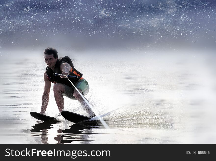 Closeup Man Riding Water Skis On Lake In Summer At Sunny Day. Water Active Sport. Space For Text