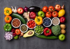 Healthy Eating Ingredients: Fresh Vegetables, Fruits And Superfood. Nutrition, Diet, Vegan Food Concept Royalty Free Stock Image