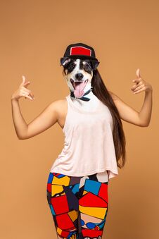 Contemporary Art Collage Full Length Portrait Positive Dog Headed Woman Hand Point To You. Modern Style Pop Art Zine Royalty Free Stock Photo