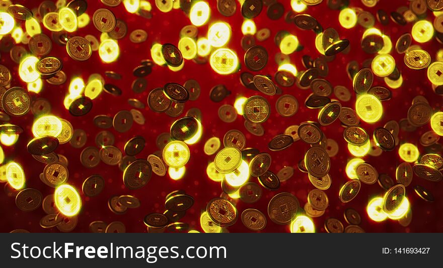 Golden Chinese coins. Red New Year background. Golden Chinese coins. Red New Year background