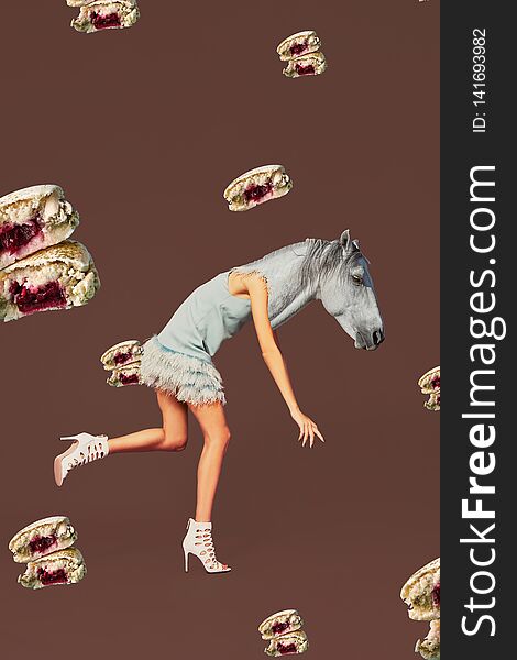 Contemporary art collage. Concept woman with horse head. Modern style pop art zine culture concept