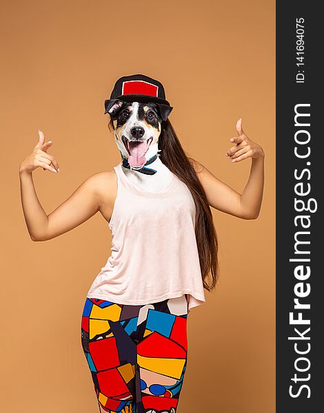 Contemporary art collage full length portrait positive dog headed woman hand point to you. Modern style pop art zine culture concept. Funny border Jack Russell Terrier puppy head on beige background.