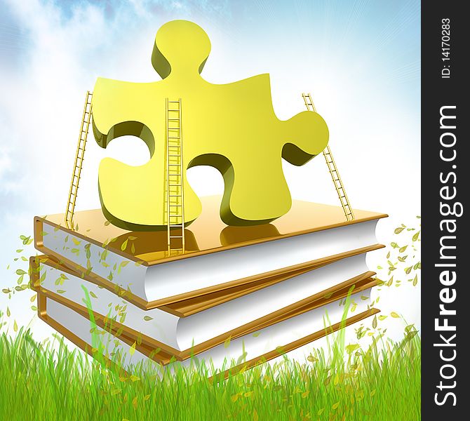 Golden books about puzzle piece solution illustration. Golden books about puzzle piece solution illustration