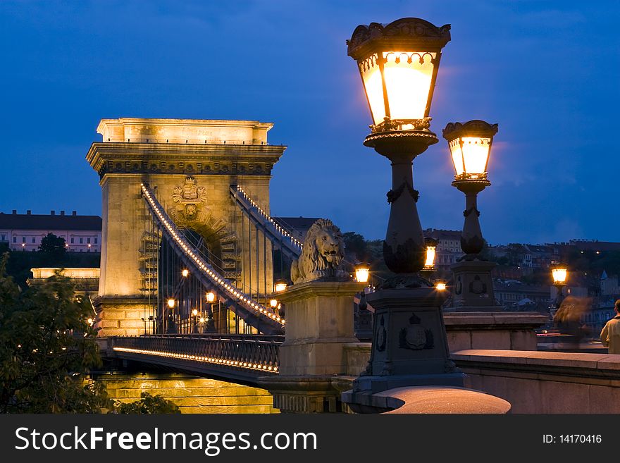 Beautiful Budapest, Chain Bridge illuminated.