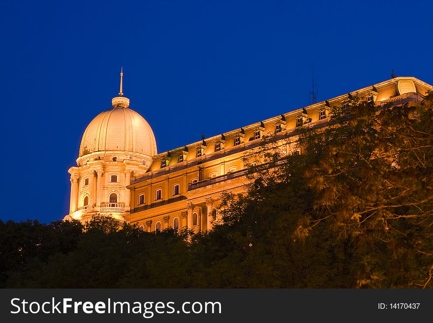 Budapest's Palace, beautifully illuminated in the evening.