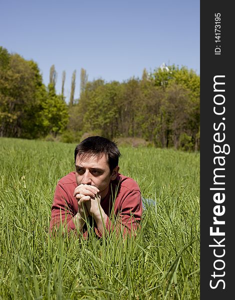 Beautiful landscape with a man thinking. Beautiful landscape with a man thinking