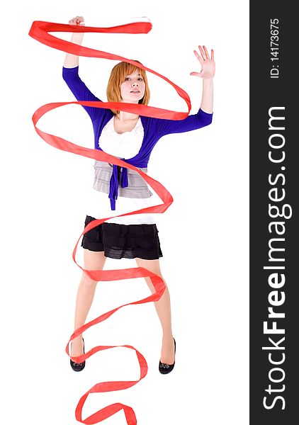 Girl with red ribbon in studio