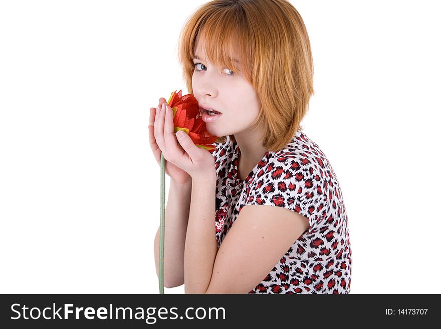 Girl holding a flower studio shot