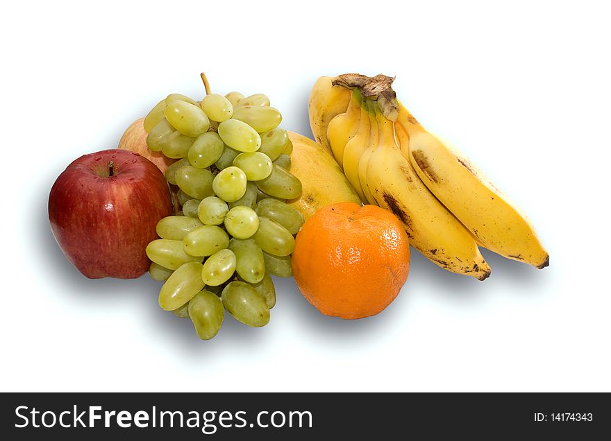 Assorted fruits including grapes mango apples orange and plantain. Assorted fruits including grapes mango apples orange and plantain