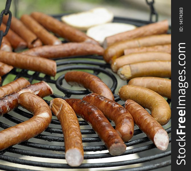 Still life of grilled sausages