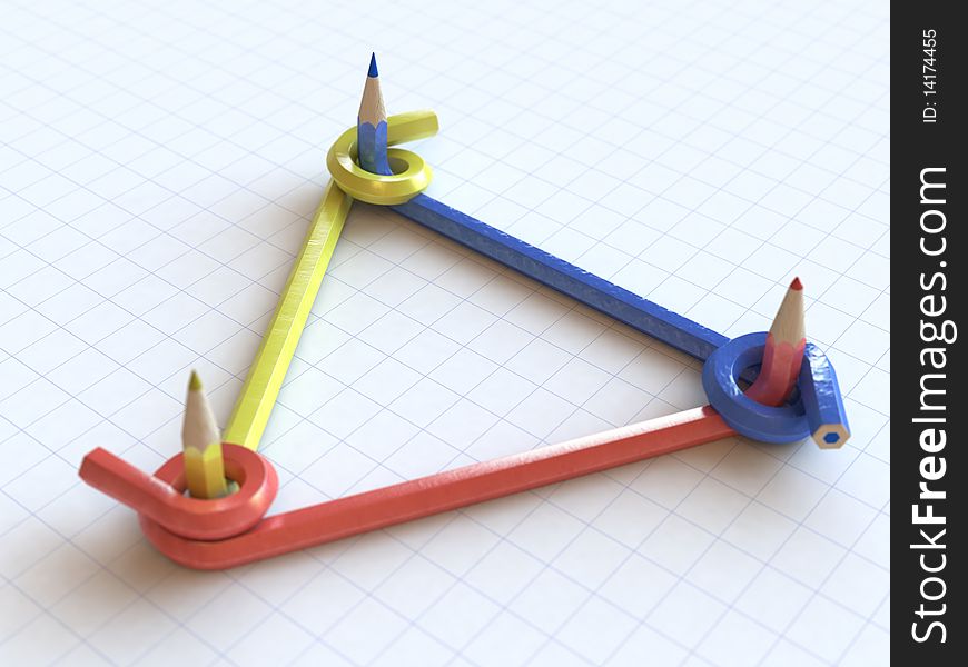 Three coloured pencils tied up with one-another. Three coloured pencils tied up with one-another.