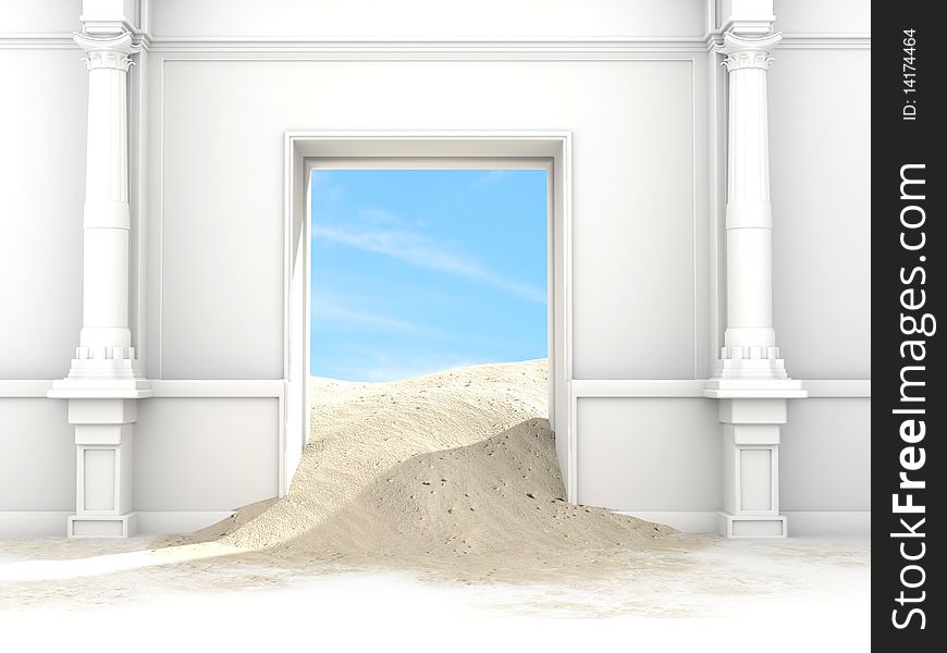 White room with portal to the desert. White room with portal to the desert