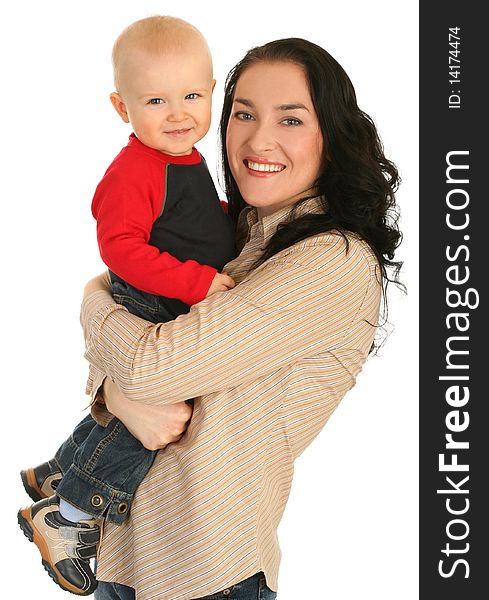 Happy mother with little son on white background