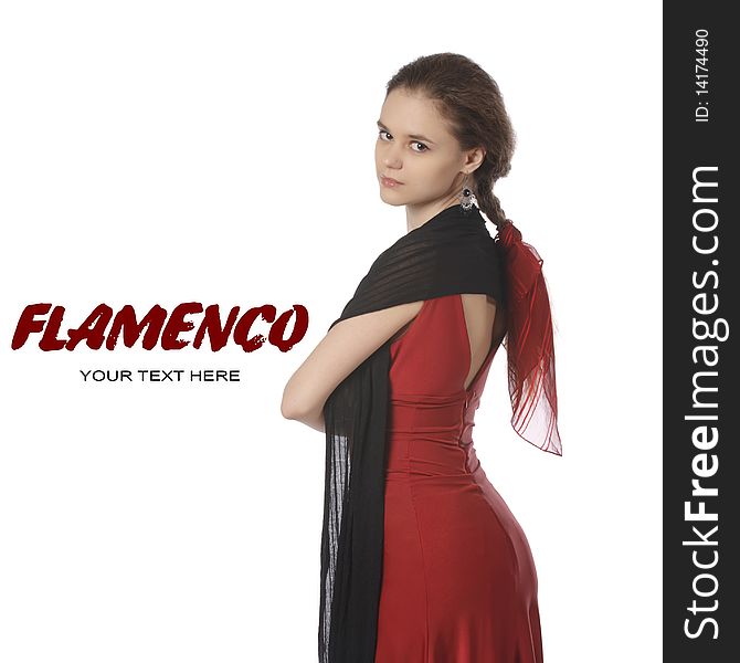 Young Spanish flamenco performer in a gorgeous red dress. isolated on white. Young Spanish flamenco performer in a gorgeous red dress. isolated on white