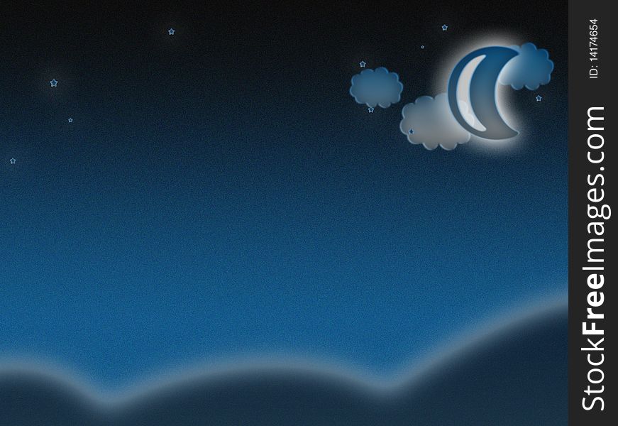 Abstract dark blue night with moon, stars and clouds