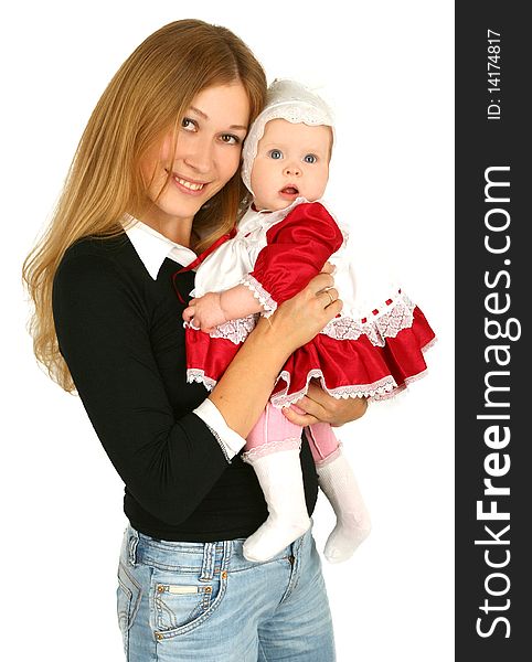Young mother with baby girl on white background. Young mother with baby girl on white background