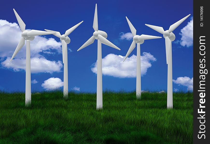 Render of energy turbines and grass. Render of energy turbines and grass