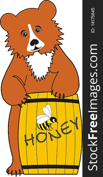 Vector illustration of the baby bear with honey barrel â€“ isolated, cartoon, a toy, the fantastic character. Vector illustration of the baby bear with honey barrel â€“ isolated, cartoon, a toy, the fantastic character