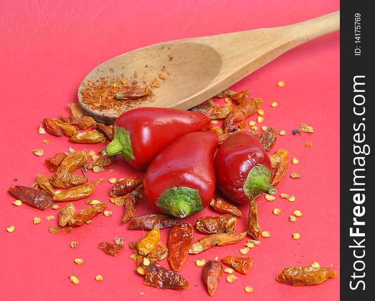 Assorted Chillies on red background