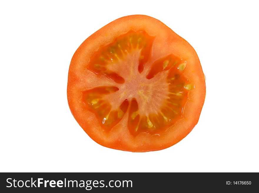 Macro of a sliced juicy red tomatoe isolated on white. Macro of a sliced juicy red tomatoe isolated on white