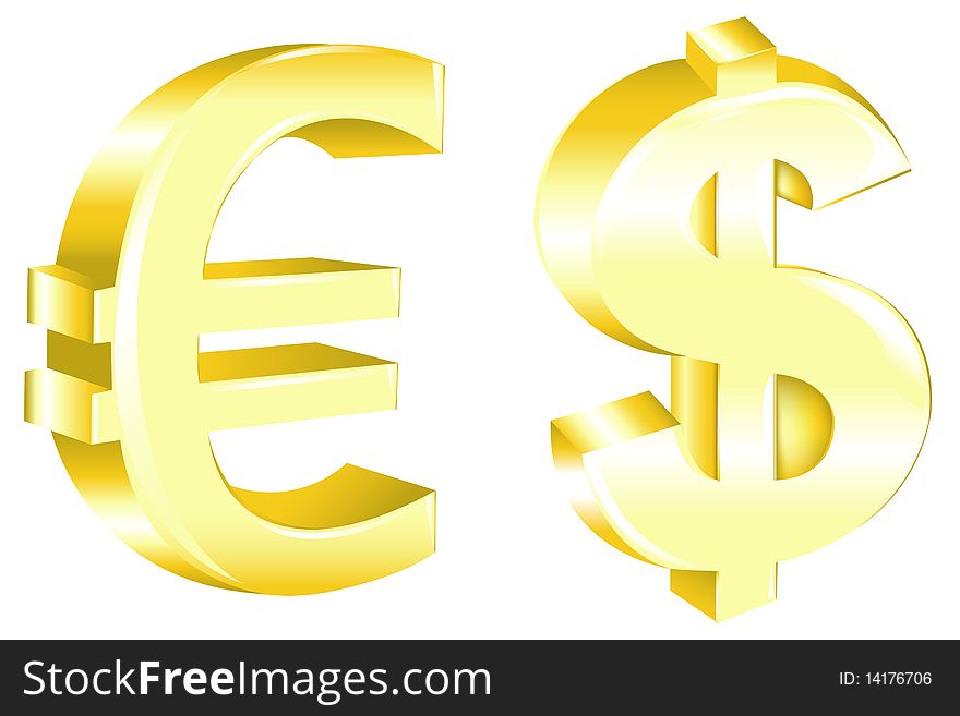 Dollar And Euro Signs, Isolated On White. Dollar And Euro Signs, Isolated On White